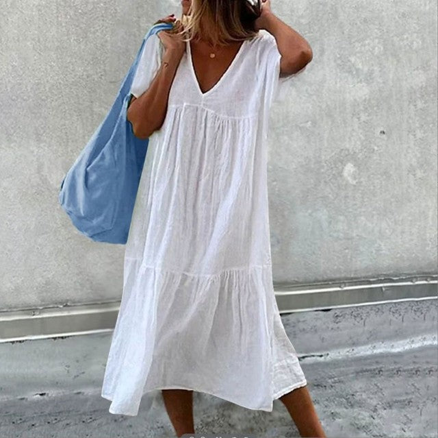 Color Cotton Linen Midi Dresses V-neck Short Sleeves Loose Dress Simple Style Lady Commuting Vestidos
