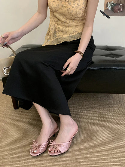Summer Silk Butterfly Knot Slippers Sandals Shallow Open Toe Thin Low Heels Mules Slides Shoes Zapatos Mujer