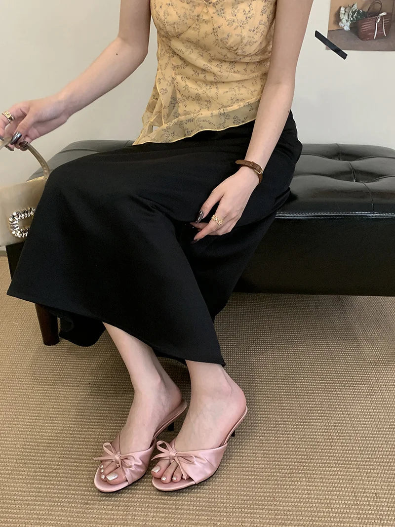 Summer Silk Butterfly Knot Slippers Sandals Shallow Open Toe Thin Low Heels Mules Slides Shoes Zapatos Mujer