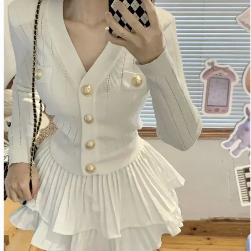 Autumn Korean Knitted Two-piece Skirt Set Single Breasted V-neck Sweater Mini Ruffles Skirt Y2k New Outfits