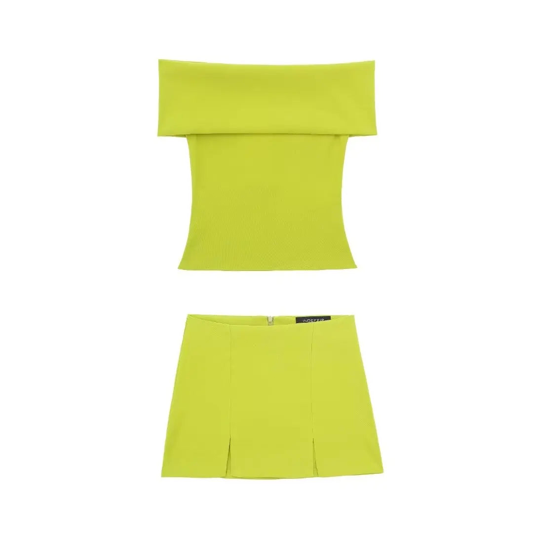 Summer 2 Piece Set Off Shoulder Cropped Tops Sleeveless Slim Top Mid Waist Mini Slit Skirts