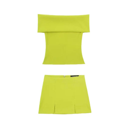 Summer 2 Piece Set Off Shoulder Cropped Tops Sleeveless Slim Top Mid Waist Mini Slit Skirts