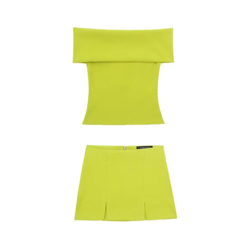 Summer 2 Piece Set Off Shoulder Cropped Tops Sleeveless Slim Top Mid Waist Mini Slit Skirts