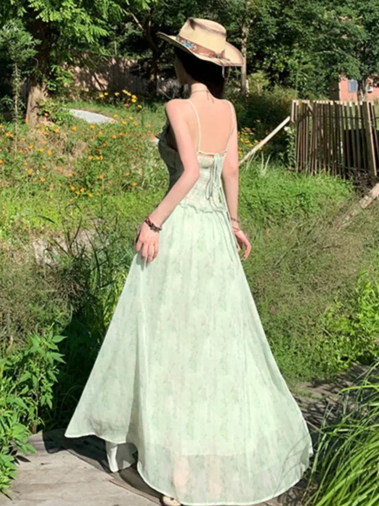 Green Ruffles Sleeveless Bodycon Vneck Summer Holiday Vacation Long Dresses Printed Party Dress Vestidos