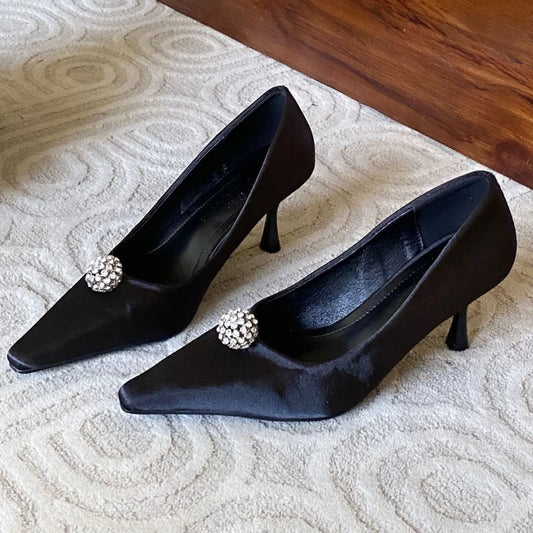 Silk Rhinestone High Heels Pointed Toe Pumps Office Shoes Female Shallow Brand Banquet Dress Shoes