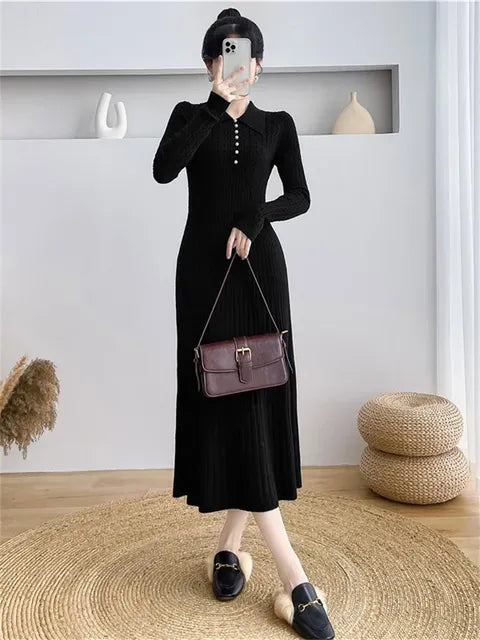 Ribbed Autumn Knit Long Dress for High Waist Long Sleeve Dress Lapel Loose Knitwear Maxi Dress