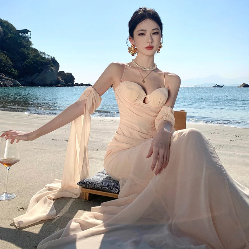 French Summer Beige Club Spaghetti Strap Long Dress V Neck Backless Wrap Hip Pleated Fishtail Evening Dress