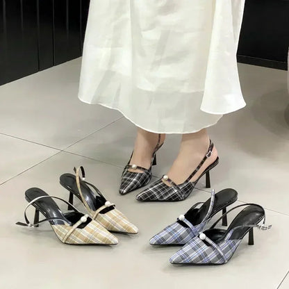 Pointed Toe Retro Plaid High Heels Slingbacks Shoes Pumps Office Dress Shoes Sandalias De Mujer