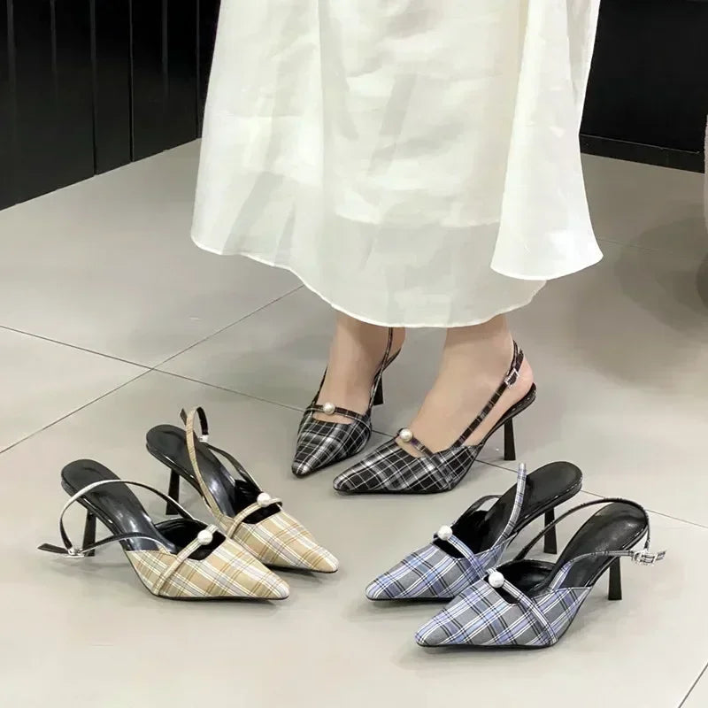 Pointed Toe Retro Plaid High Heels Slingbacks Shoes Pumps Office Dress Shoes Sandalias De Mujer