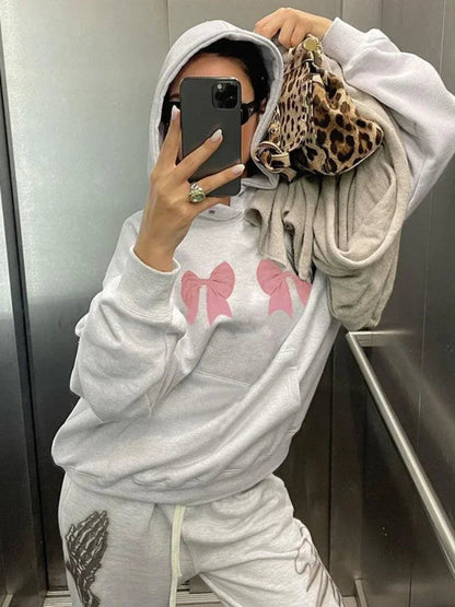 Kawaii Bow Print Hoodies Y2k Long Sleeve Sweatshirt Oversized Sweet Girl Causal Loose Autumn Winter Clothes Ins
