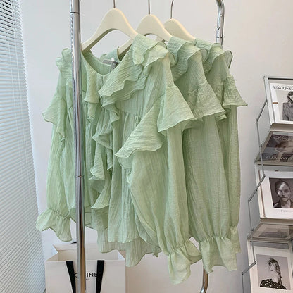New Autumn Winter Crewneck Ruffle Pleated Puff Long Sleeve Design Blouses Oversize Patchwork Chiffon Overshirt