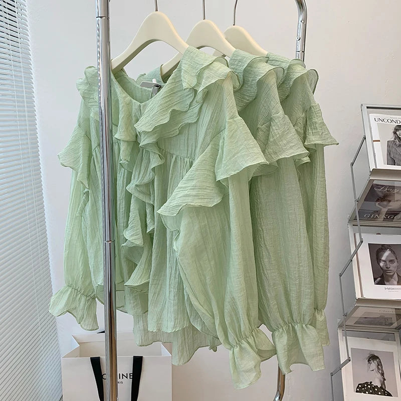 New Autumn Winter Crewneck Ruffle Pleated Puff Long Sleeve Design Blouses Oversize Patchwork Chiffon Overshirt