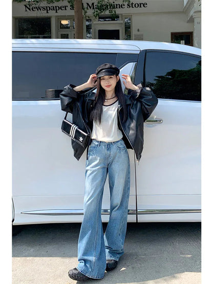 Woman Jeans Preppy Style Denim Korean Pants Trousers Pockets Sweatpants Zipper Cargo Pants Wide Leg Bell Bottoms