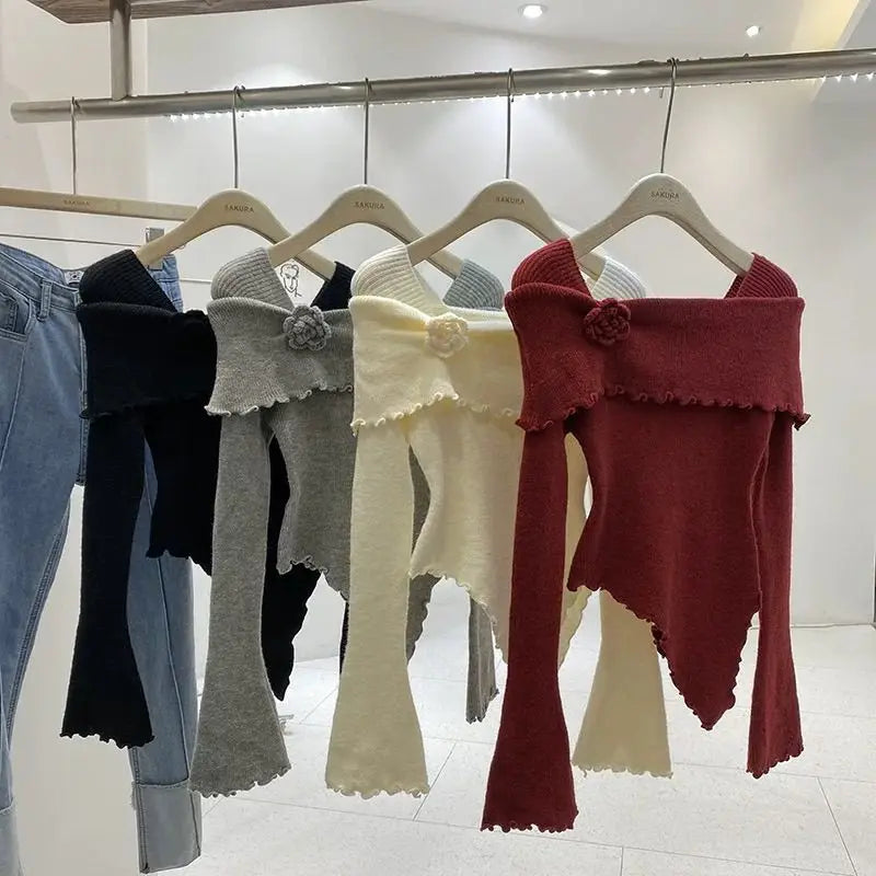 Sweet Hot Girl Threedimensional Flower Knitted Sweater for Autumn Off Shoulder Slim Fit Base Sweater Female Clothes