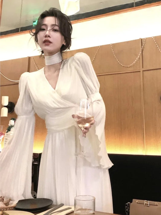 Autumn Pleated Long Dresses for Halter V-neck Flare Sleeve Wedding Party Dress Korean One Piece Vestidos New