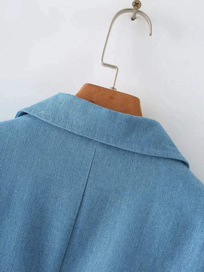 Spring Denim Blazer for Long Sleeves Pockets Lapel Single Button Jacket Female Loose Causal Coat