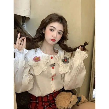 Sweet Clothing Korean Shirts Peter Pan Collar 3d Flower Tops Spring Blouse