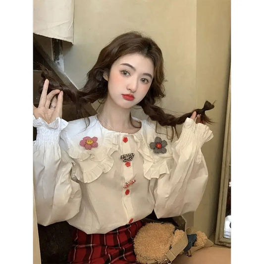 Sweet Clothing Korean Shirts Peter Pan Collar 3d Flower Tops Spring Blouse