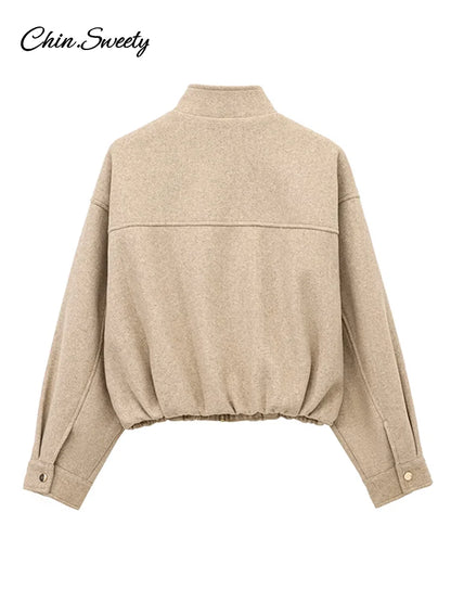 ’s Khaki Bomber Jacket Stand Collar Zipper Pocket Long Sleeve Short Coats Female Spring Thick Warm Outwear New
