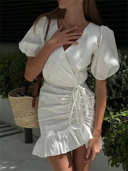 Drawstring V-neck Mini Dress Female Ruffled Short Sleeve Patchwork Lace-up White Dress ’s Bandage Party Dress