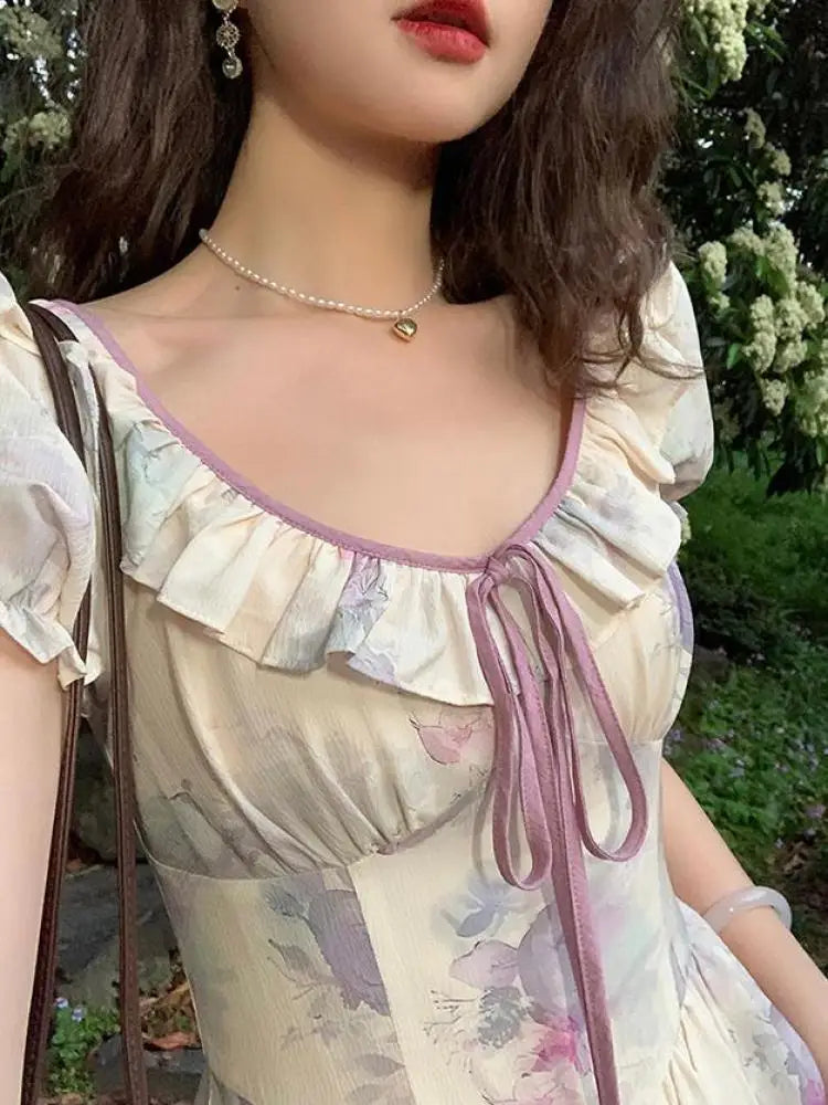 French Printing Long Dress Bandage Short Puff Sleeve Dress Summmer Bodycon Prom Party High Waist Dresses Woman