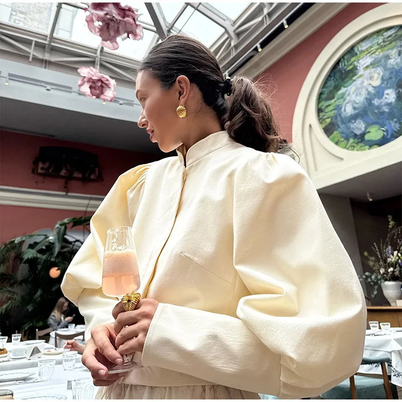 Retro Stand Collar Short Shirt Single Breasted Puffy Sleeve Shirts Coat Lady Versatile
