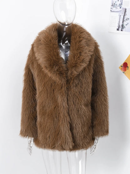 Brown Faux Fur Coats Full Sleeve Lapel Long Warm Jacket Winter Fluffy Thick High Street Outerwear New