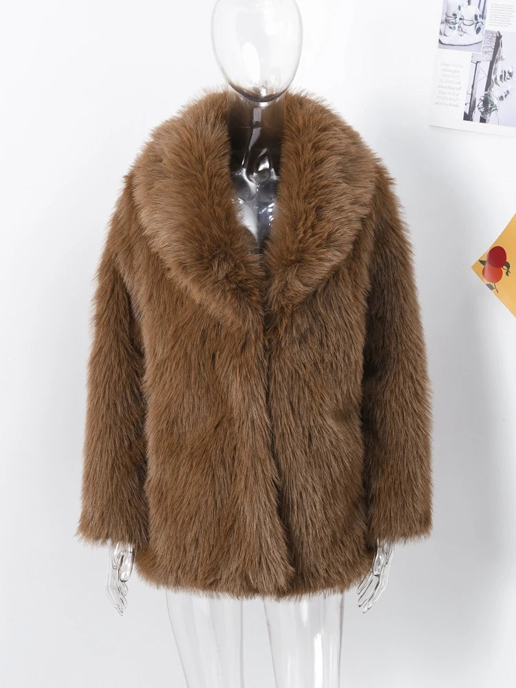 Brown Faux Fur Coats Full Sleeve Lapel Long Warm Jacket Winter Fluffy Thick High Street Outerwear New
