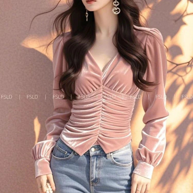 Velvet Long Sleeve T Shirt V Neck Lady Tee Youth Top Basic Blouse New