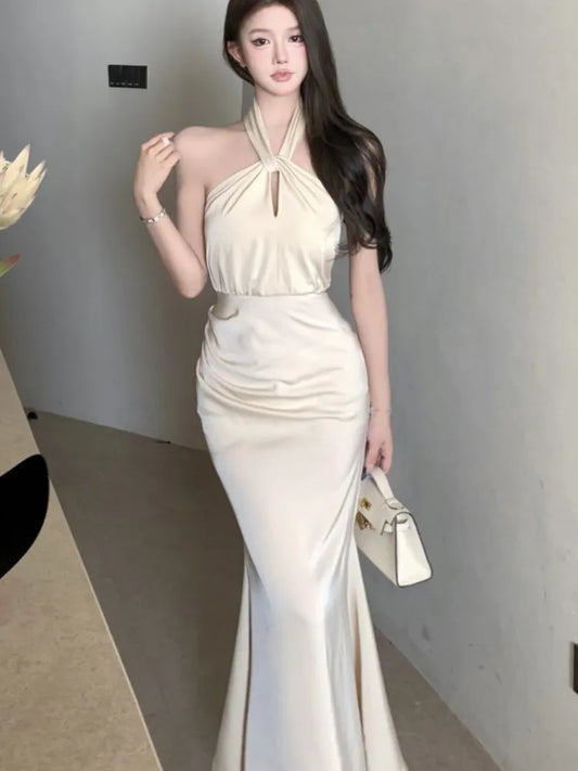 Bodycon Satin Evening Party Dress Sleeveless Halter Slim Mermaid Summer New Midi Dresses for Prom Vestidos Mujer