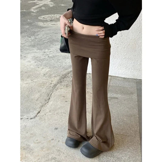 Korean Retro Splicing Color Allmatch Pants Autumn New Fake Twopiece Low Waist Slim Wide Leg Pants