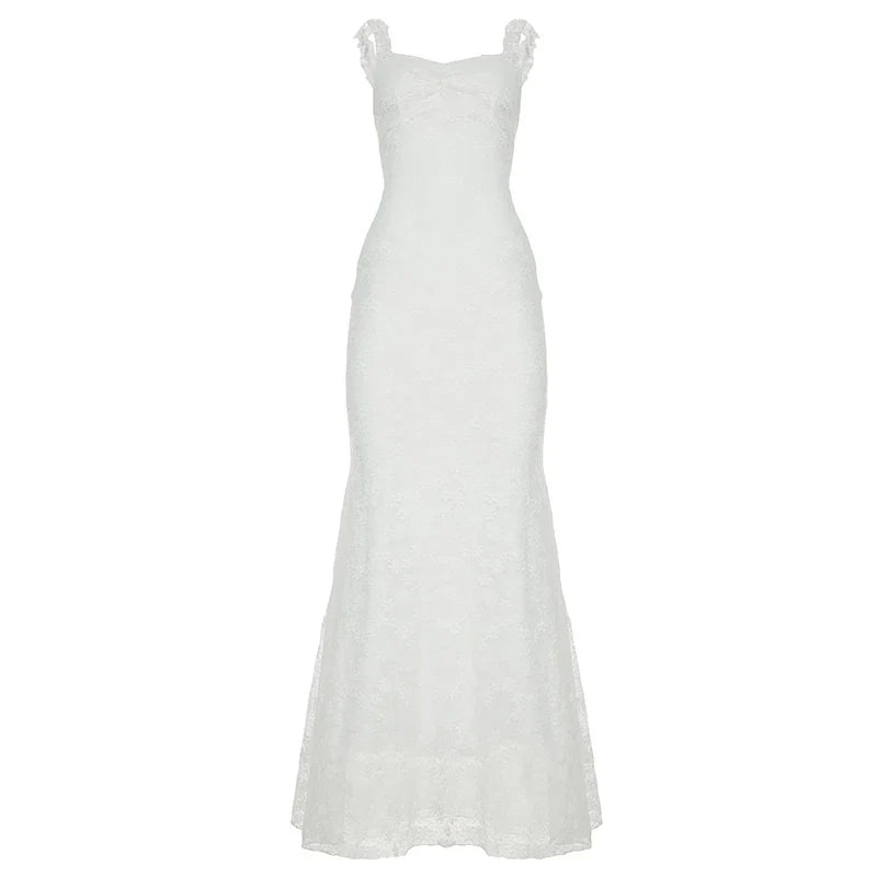 Floor-length Fishtail Dress White Lace Sleeveless Bodycon Maxi Dress Summer Clubwear