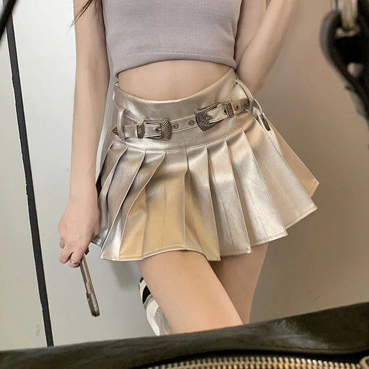 Summer Silver Pleated Skirt Y2k Short Leather Skirt Harajuku Korean Kawaii Aline Mini Skirts