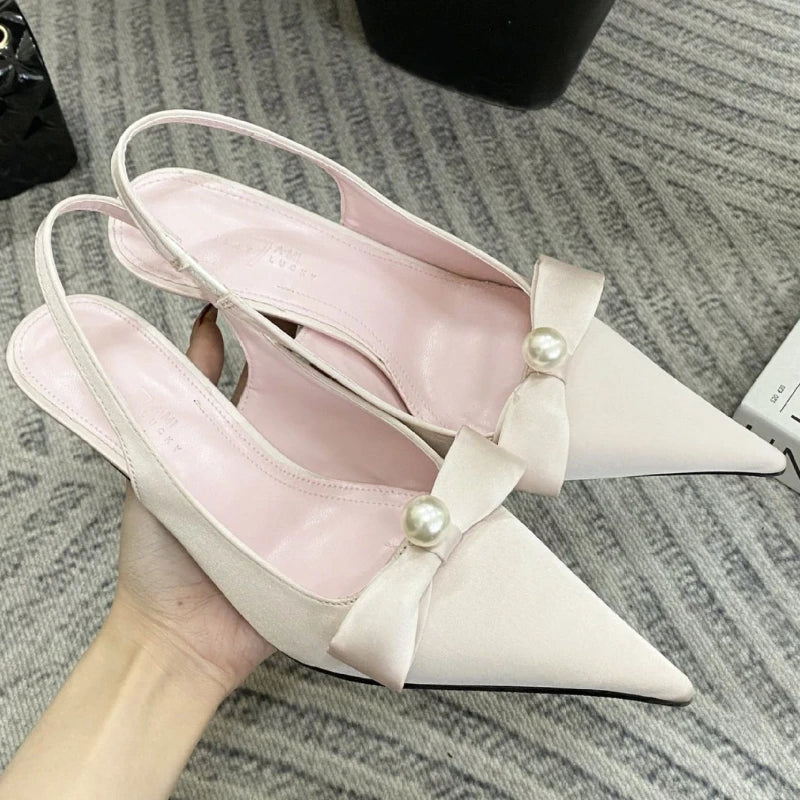 Satin Bow Pumps Pointed Toe Thin Heeled Backless Dress Shoes Brand Designer Shallow Mouth Sandal