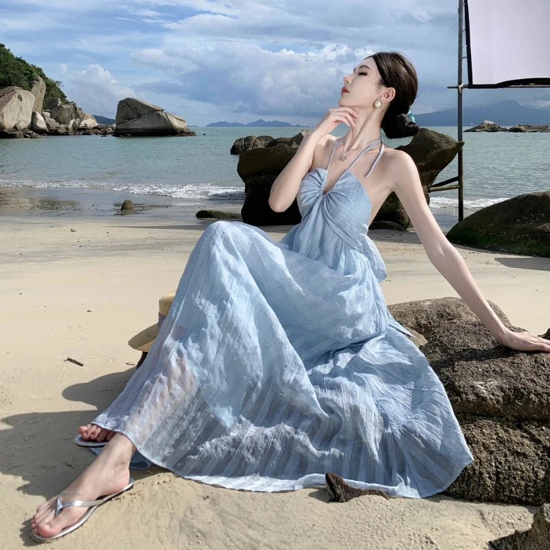 Blue Checkered Backless Halter Laceup Long Dresses Summer New High Waist Club Beach Vacation Pleated Sundress