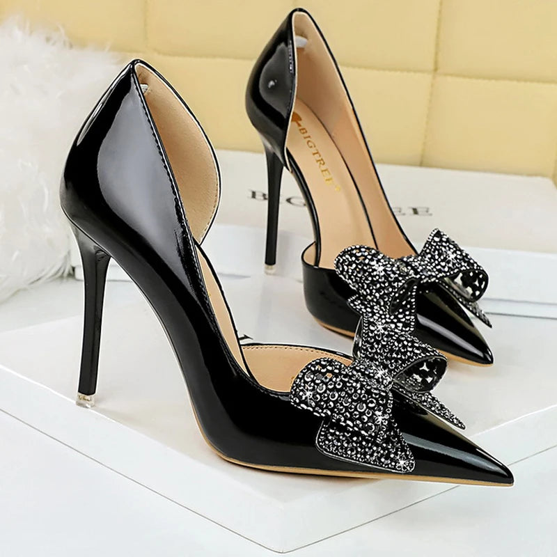 Shoes Pumps 10.5cm Heels Rhinestone Bowknot Lady Heels Stilettos Patent Leather High Heels Female Shoes