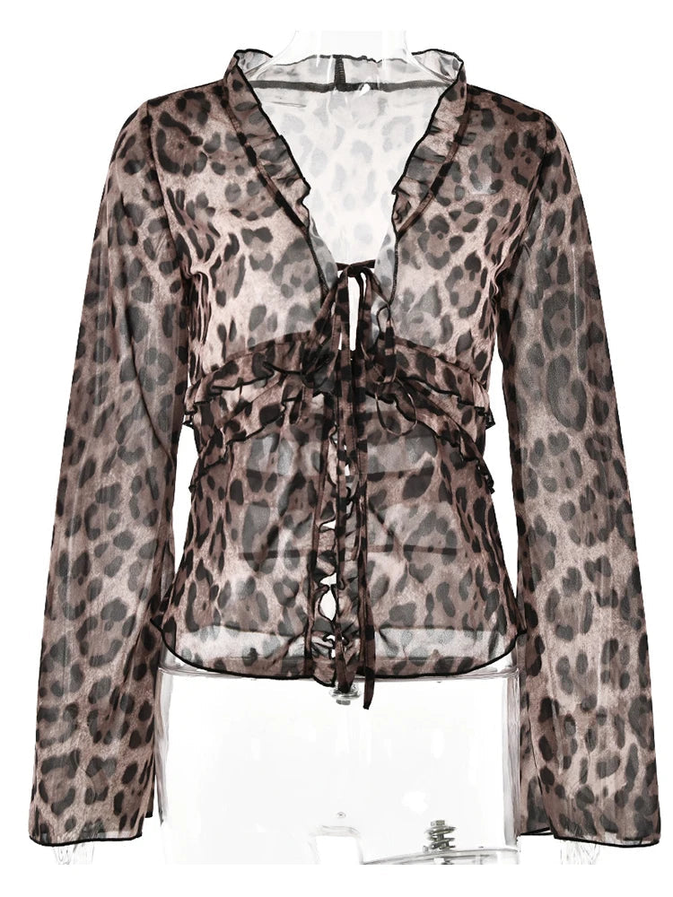Leopard Chiffon Shirts Flared Sleeve Sheer Mesh Leopard Blouse Top Laceup V Neck Long Sleeve Summer New