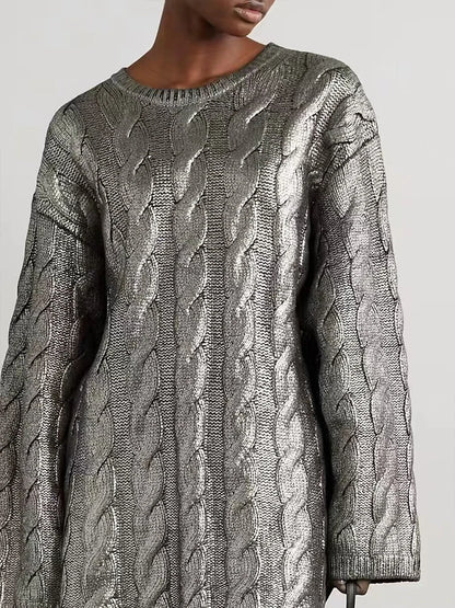 Knitted O-neck Sweater Loose Sliver Long Sleeve Pullover Sweaters Female Winter High Street Knitwear