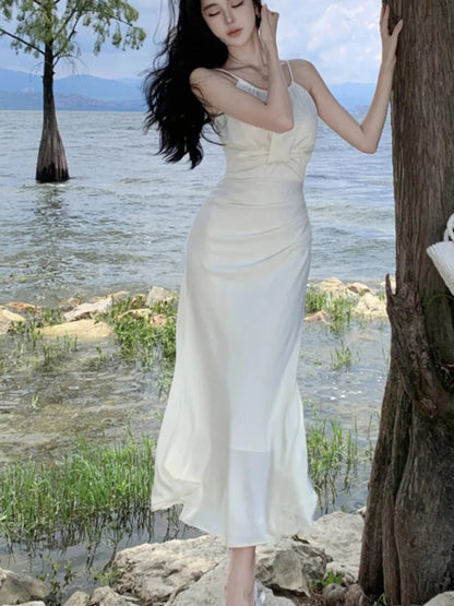 Spring Beige Long Dress New Spaghetti Strap Dresses Female Evening Party Prom Robe Summer Satin Gown Mujer