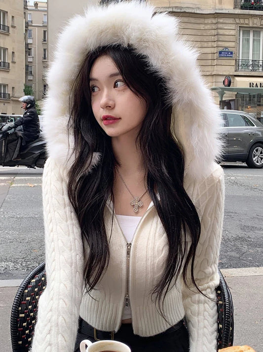 White Slim Zip Up Hooded Cropped Sweater Cardigan Autumn Winter New Sweet Coquette Fluffy Outerwear