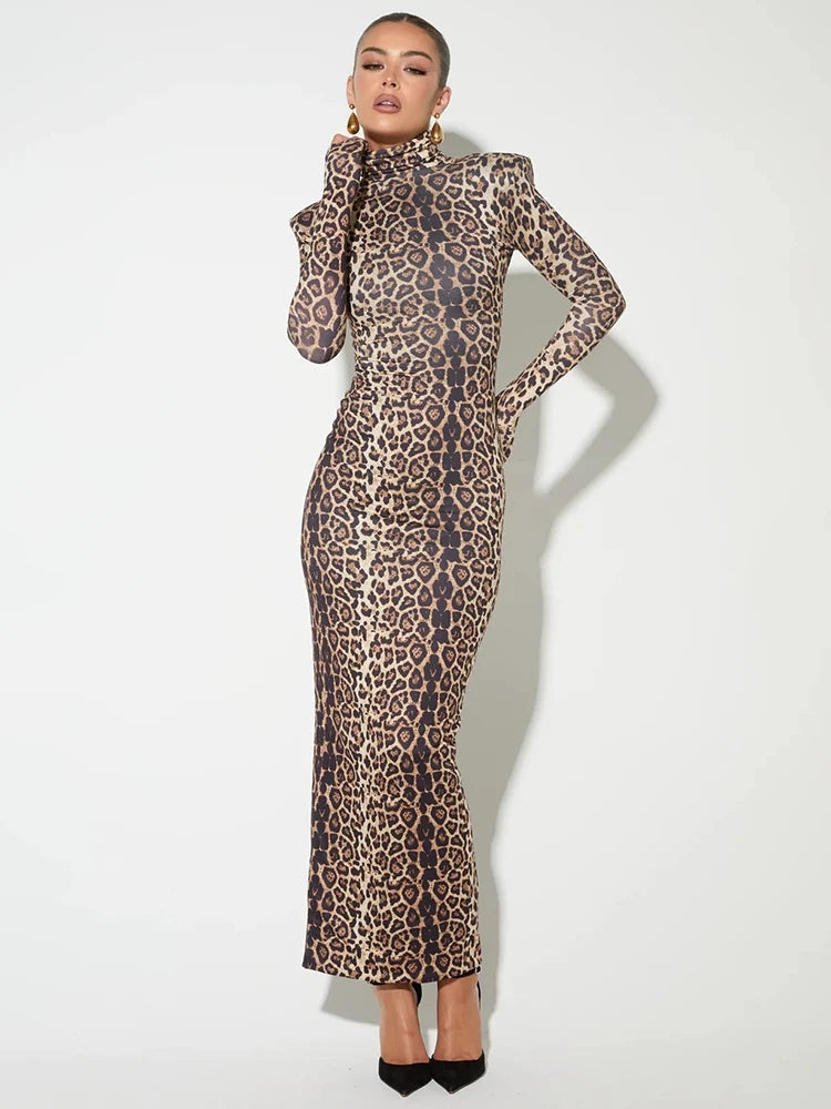 Leopard Print Long Sleeve Maxi Dress for Autumn Winter Turtleneck Printed Bodycon Long Dress