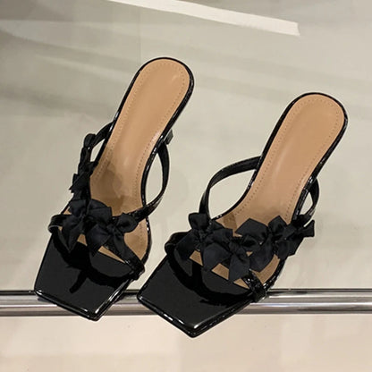 Designer Yellow Silk Flowers Narrow Band Square Toe Mules Low Thin Heels Slippers Gladiator Sandals Summer Shoes
