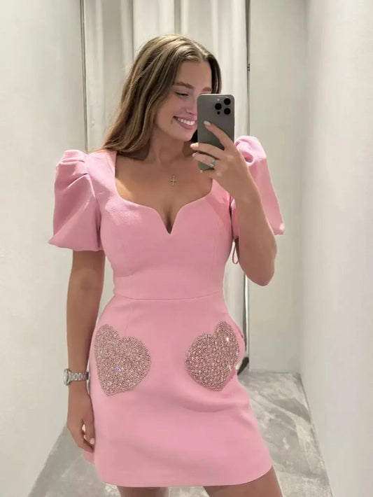 Summer Dress Heart Shaped Sequins Party Mini Dress Female Puff Sleeve V Neck Robe Slim Pink Dresses Clothes