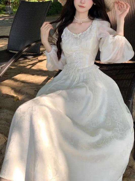 Puff Sleeves Lace Up Midi Dress Summer Medieval Retro Evening Party Prom Onepiece Clothing