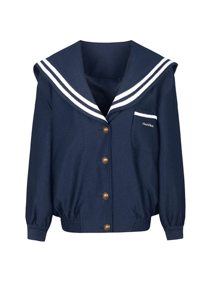 Sailor Collar Jacket Patchwork Long Sleeve Oversize Coat Preppy Style Uniform Old Money Aesthetics Outfits