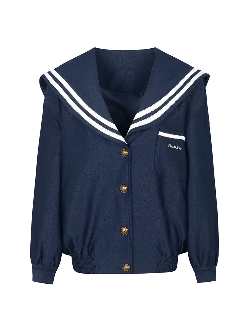 Sailor Collar Jacket Patchwork Long Sleeve Oversize Coat Preppy Style Uniform Old Money Aesthetics Outfits