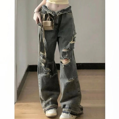 Baggy Woman's Ripped Jeans Y2k Hip Hop Oversize Denim Pants America High Street Retro Grunge Trousers Korean Style