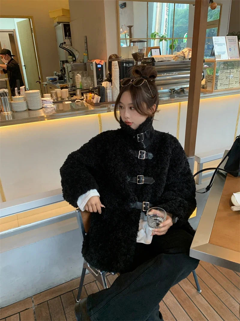 Sweet Hot Girl Stand Collar Belt Buckle Lamb Wool Coat Autumn/winter Doublesided Thick Jacket Female Clothes