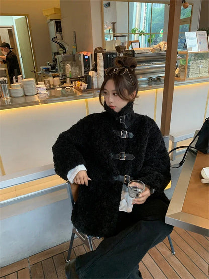 Sweet Hot Girl Stand Collar Belt Buckle Lamb Wool Coat Autumn/winter Doublesided Thick Jacket Female Clothes