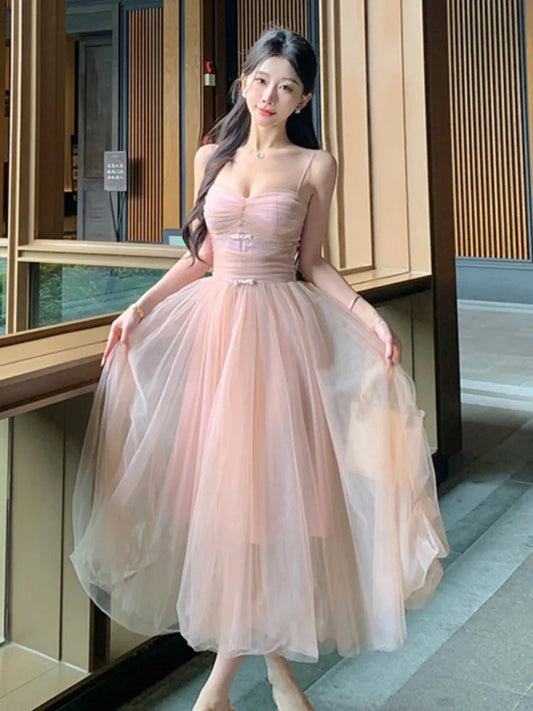 Sweet Printcess Midi Dress for Spaghetti Strap Fairy Birthday Party Dress Summer Ball Gown Korean Female Vestidos